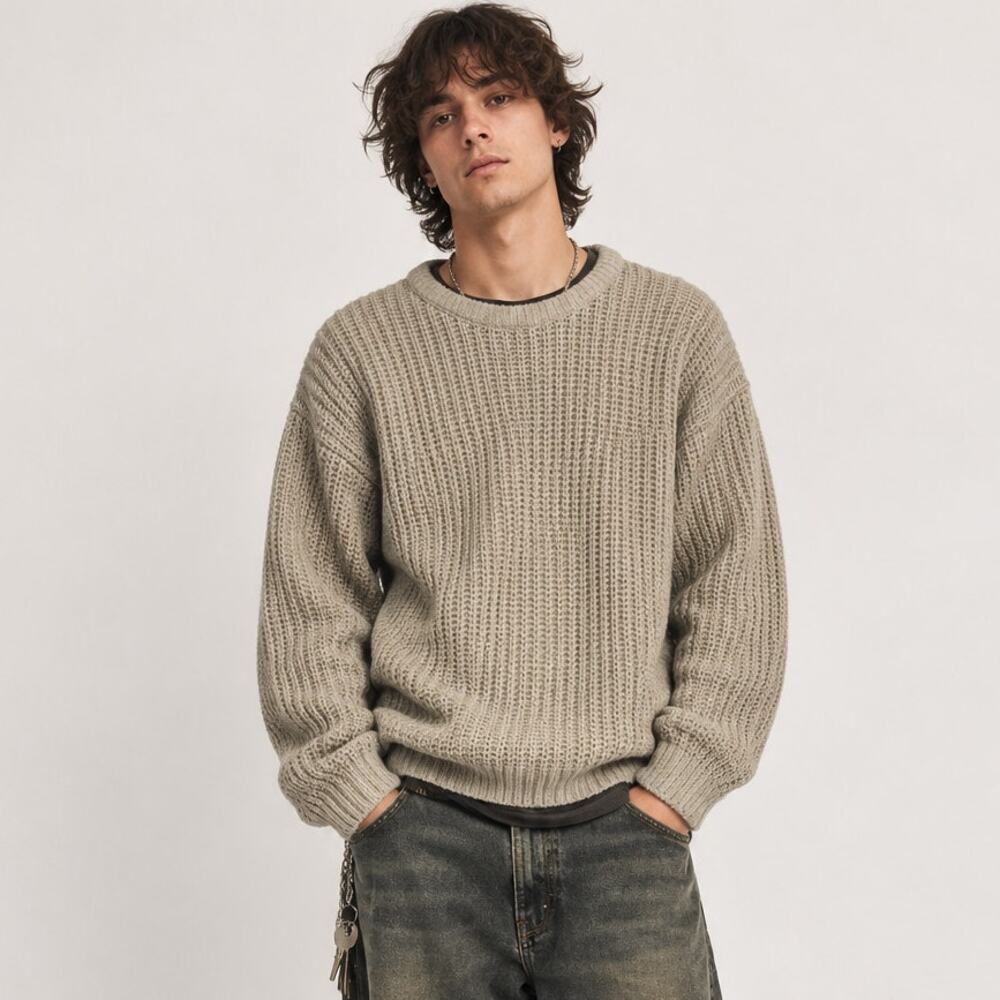Vintage 90s Chunky Fisherman Knit Sweater Beige Tan Medium Crew Grunge Preppy